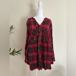 Torrid 1 Red and Black Plaid Babydoll Crinkle Gauze Long Sleeve Tunic Top